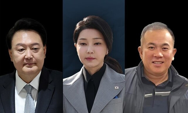 한겨레 자료사진. 왼쪽부터 윤석열 대통령, 김건희 여사, 명태균씨.