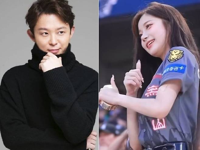 ‘삐끼삐끼 송’ 원곡자 가수 토니안(왼쪽)과  ‘삐끼삐끼 춤’을 추고 있는 치어리더 이주은. [각 SNS 갈무리]