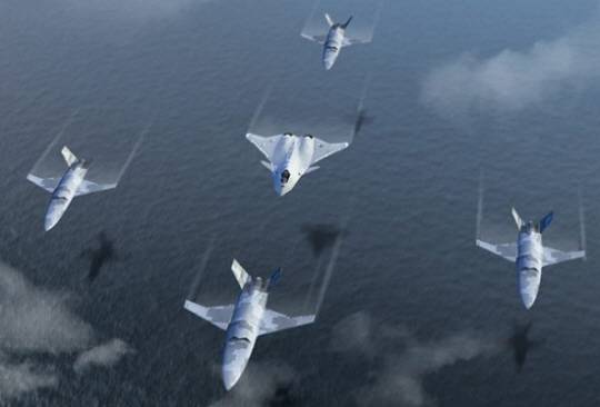 유인기와 원격 조종되는 저피탐 무인기로 구성된 유·무인 편대가 비행하는 모습 가상도. 대한항공 제공