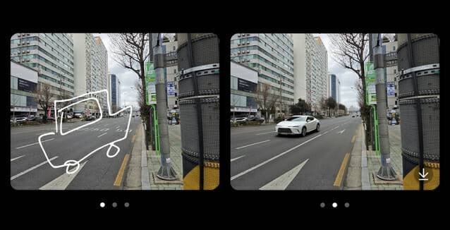 갤럭시 S25 울트라 AI 이미지 편집 기능. 왼쪽처럼 촬영한 사진에 자동차를 그려 넣었더니, 오른쪽 사진처럼 AI가 합성한 이미지를 금세 만들어줬다. (사진=지디넷코리아)