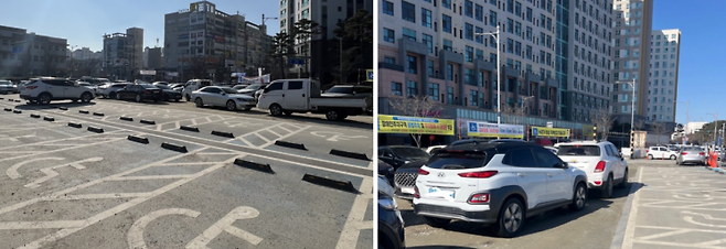 충청북도 청주시에 위치한 흥덕야구장 공한지 임시주차장. 장애인 전용 구역 불법주차 방지를 위한 현수막 바로 앞에 불법 주차 차량들이 줄지어 서 있다. 독자 제공
