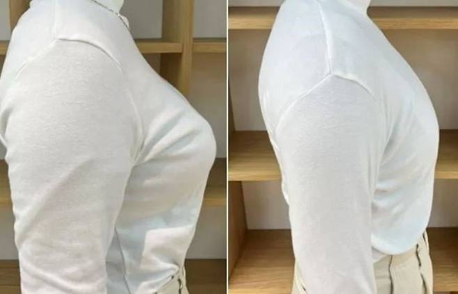 일본 무인양품에서 출시한 ‘가슴 볼륨을 줄여주는 브라 탱크탑’착용 전(왼)과 후(오)의 모습/사진=일본 무인양품 홈페이지