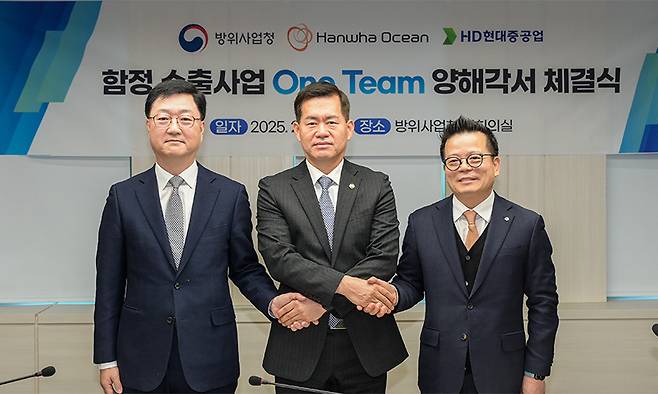 석종건(가운데) 방위사업청장과 주원호(왼쪽) HD현대중공업 사업대표, 어성철 한화오션 사장이 지난 25일 경기 과천 방위사업청 과천청사에서 함정 수출사업 양해각서를 체결하고 있다. /사진=방위사업청