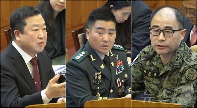박춘섭 대통령실 경제수석(왼쪽부터), 김현태 707특수임무단장, 곽종근 전 육군 특수전사령관이 6일 서울 종로구 헌법재판소에서 열린 탄핵 심판 6차 변론기일에서 질문에 답하고 있다. (헌법재판소 제공) 2025.2.6/뉴스1