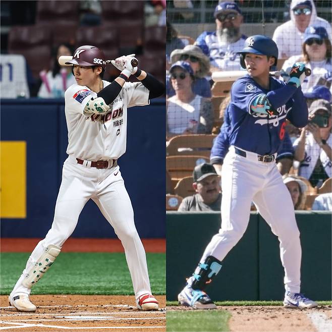지난 23일 캔자스시티 로열스와의 MLB 시범경기에 출전, 타격 자세를 취한 김혜성(왼쪽). KBO리그에서 뛰었던 2024년보다 오른발을 지면에 더 붙이고, 팔 위치는 낮췄다. 오른쪽 사진은 지난해 지난해 3월 30일 고척 LG 트윈스전에서 타격을 준비하는 김혜성.다저스 SNS 캡처·키움 히어로즈