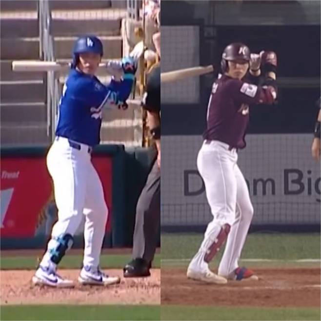지난 23일 MLB 시범경기 캔자스시티 로열스전(오른쪽)과 지난해 8월 2일 KBO리그 정규시즌 두산 베어스전(왼쪽) 김혜성의 타격 자세. 오른발과 톱 위치가 다르다. 사진=KBO 유튜브·SPOTV 중계 화면 캡처