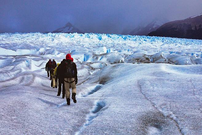 페리토 모레노 빙하(Perito Moreno Glacier)를 누비는 일명 ‘빅 아이스 투어’. 안전 사고 예방을 위해 반드시 가이드와 함께 움직여야 한다. 곳곳에 크레바스가 도사리고 있다. 사진 김은덕, 백종민
