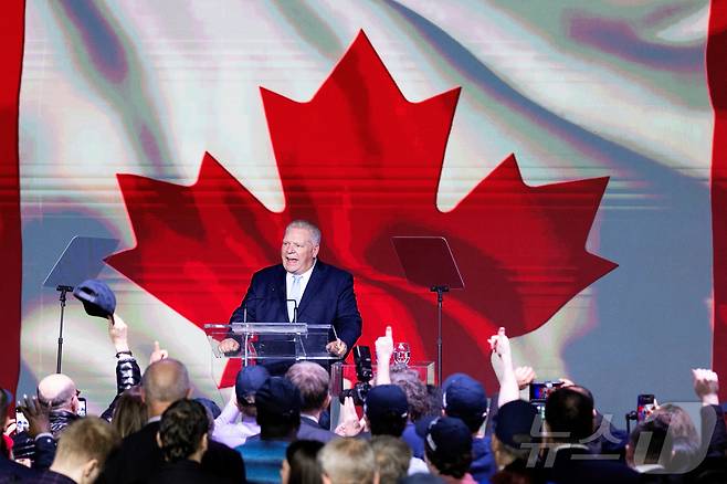 캐나다 온타리오 주지사 선거에서 보수당의 더그 포드가 27일(현지시간) 3선에 성공한 뒤 연설하고 있다. 2025.2.27 ⓒ 로이터=뉴스1 ⓒ News1 강민경 기자