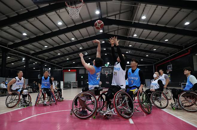 코웨이 블루휠스 휠체어농구단 선수들이 지난 1월14일 오전 경기 남양주 스포라운드에서 팀을 나눠서 연습경기를 하고 있다. 김태형 기자 xogud555@hani.co.kr