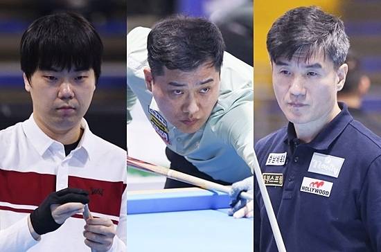 김행직 차명종 강자인(왼쪽부터)이 28일 콜롬비아에서 열린 보고타3쿠션월드컵에서 최종에선(Q)를 통과, 32강 본선에 올랐다. (사진=파이브앤식스)