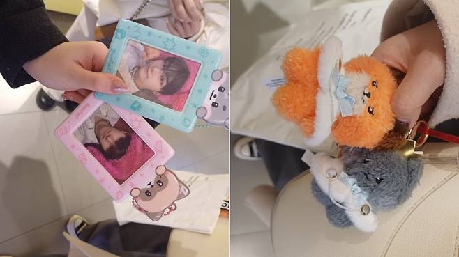 유리씨와 메이씨가 구매한 인기 보이그룹 제로베이스원 포토카드와 캐릭터 인형. /사진=오석진 기자,