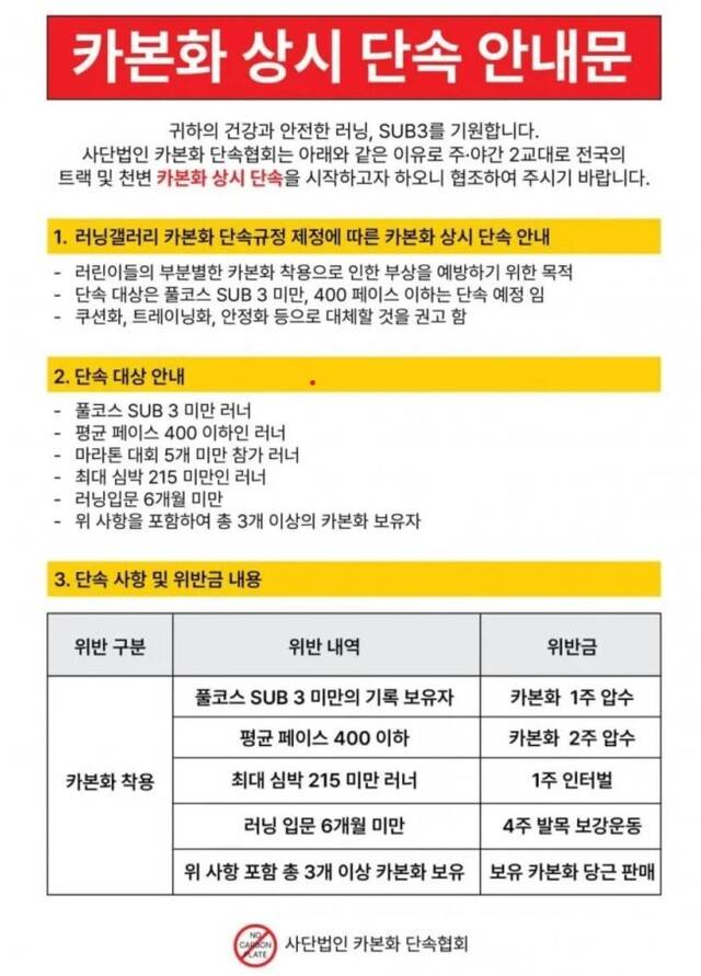 지난해 유행한 카본화 단속반 공지문. 언더아머 단속반을 패러디.