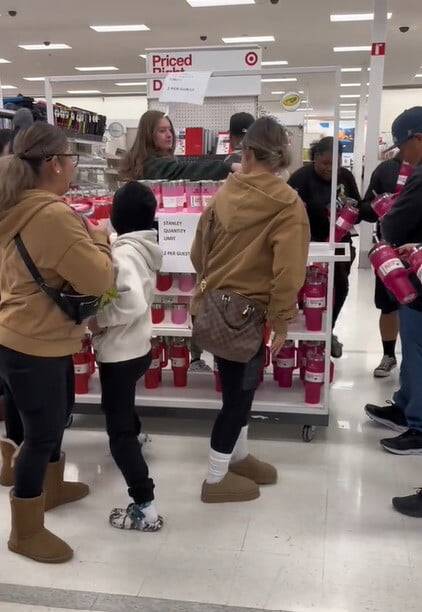 미국의 한 타겟 매장에서 스타벅스 한정판 스탠리 텀블러를 구입하려 경쟁적으로 달려드는 소비자들. / 사진=틱톡