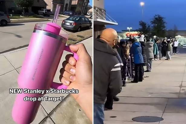 지난해 1월 3일 미국 타겟 매장 앞에서 '스탠리X스타벅스' 한정판 텀블러(왼쪽)를 사기 위해 사람들이 밤샘 대기를 하고 있다./ 사진=틱톡