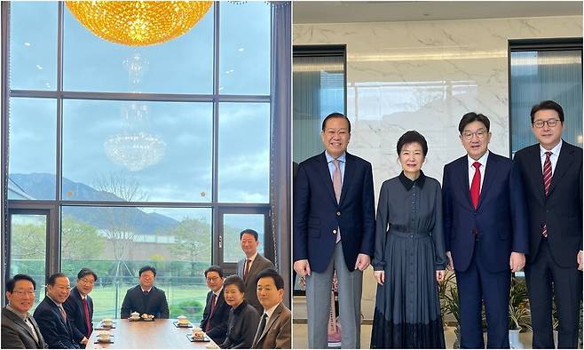 국민의힘 권영세 비상대책위원장과 권성동 원내대표 등 지도부가 3일 대구 달성군 박근혜 전 대통령 사저에서 박 전 대통령과 대화하고 있다. 국민의힘 제공