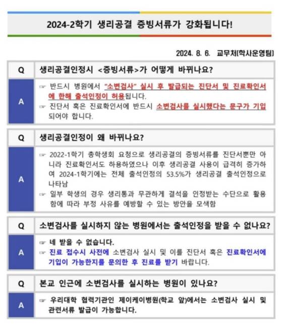 지난해 서울예대는 '소변 검사 진단서와 진료 확인서가 있어야 생리 공결을 인정할 수 있다'고 공지했다가 논란이 커지면서 철회했다. 온라인 커뮤니티 캡처