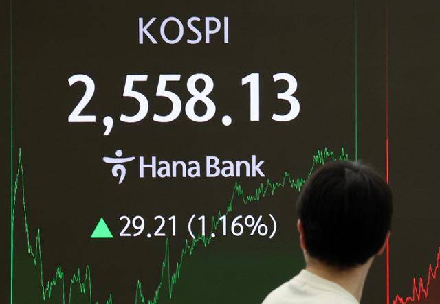 5일 서울 중구 하나은행 본점 딜링룸 전광판에 코스피 종가가 표시돼 있다. 뉴스1