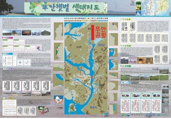 ▲ 사진은 수산과학원에서 발간한 무안갯벌 생태지도이다. 무안공항의 위치를 필자가 빨간색으로 추가 표시했다. 무안갯벌 속에 공항에 쏙 들어가 있는 것을 알 수 있다. 공항 왼쪽의 연안(운남면과 청계면 사이) 역시 수산과학원 공식 갯벌지도에 들어 있는 무안갯벌(습지보호구역으로 지정은 되지 않은 구역)이며 당연히 조류서식지인데, 아예 공항과 붙어 있다. ⓒ새만금신공항백지화공동행동