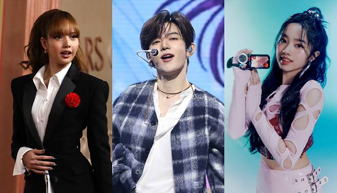 왼쪽부터 블랙핑크 리사, 제로베이스원 장하오, 유니스 엘리시아(사진=로이터, 뉴스1, F&F엔터테인먼트)