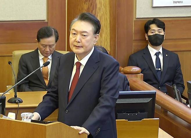 윤석열 대통령이 2월 25일 서울 종로구 헌법재판소에서 열린 자신의 탄핵심판 11차 변론에서 최종변론을 하고 있다. ⓒ헌법재판소