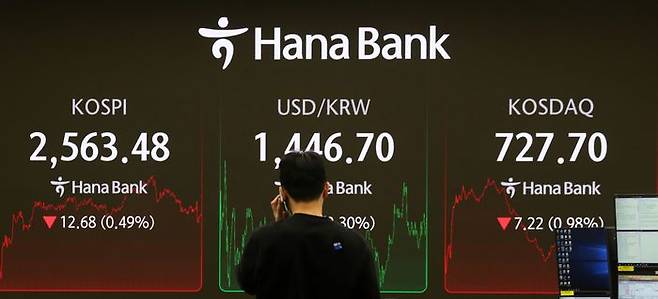 7일 오후 서울 중구 하나은행 딜링룸 전광판에 지수가 표시 되고 있다.ⓒ뉴시스