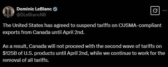 /사진=도미니크 르블랑 캐나다 재무장관 X