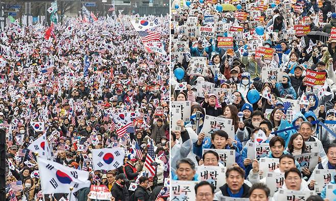 3월1일 서울 곳곳에서 윤석열 대통령 탄핵 찬반 집회가 열리고 있다. 광화문에서 대한민국바로세우기국민운동본부가 탄핵 반대 집회를(왼쪽 사진), 안국동에서 더불어민주당을 비롯한 야 5당이 탄핵 촉구 집회를 하고 있다. ⓒ시사저널 최준필