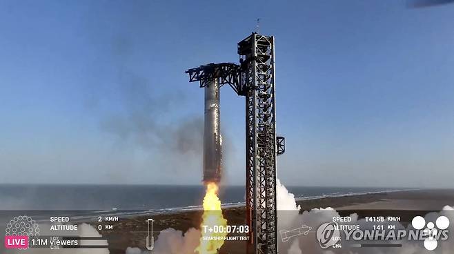 6일 발사 후 돌아와 발사탑의 '젓가락 팔' 장비에 안착한 스타십 로켓 부스터 [스페이스X(SPACEX) / AFP=연합뉴스. 재판매 및 DB 금지]