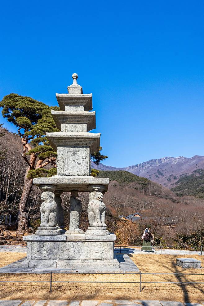 구례 화엄사는 불교 유산의 보고와 같다. 서쪽엔 국보 '사사자삼층석탑'이 기다린다. 탑돌이를 하다보면 멀리 섬진강의 물줄기도 내려다보인다. / 이신영 영상미디어 기자
