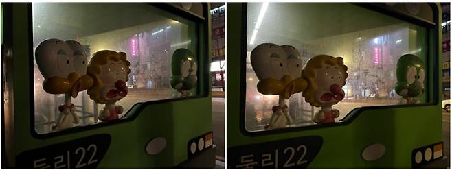 아이폰16e(왼쪽)와 아이폰16 야간 촬영 결과물. /사진=김승한 기자