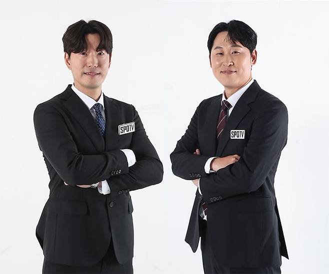 [서울=뉴시스] 2025시즌 스포티비 해설위원으로 일하는 윤석민과 김재호. (사진 = 스포티비 제공) *재판매 및 DB 금지