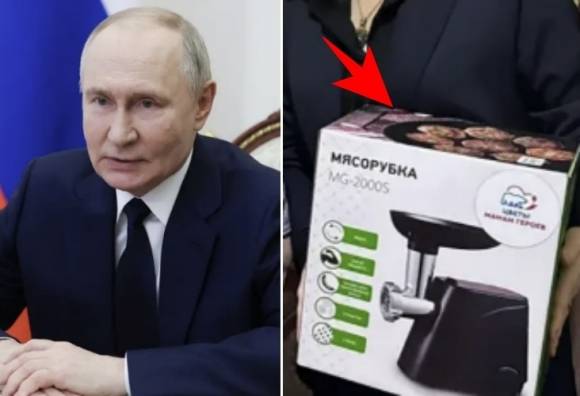 왼쪽부터 블라디미르 푸틴 러시아 대통령, 오른쪽은 국제 여성의 날 캠페인의 일환으로 전쟁에서 아들을 잃은 어머니들이 당국으로부터 받은 고기 분쇄기. 뉴욕포스트 제공