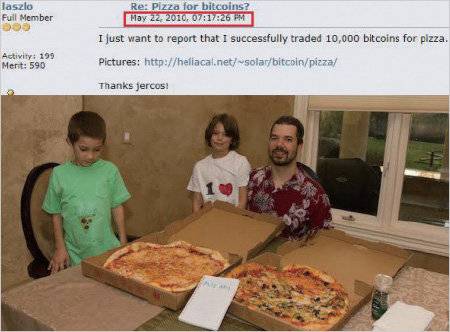 2010년 5월 22일 미국 플로리다에 거주하는 프로그래머 라즐로 핸예츠가 인터넷 게시 글을 통해 1만 비트코인으로 피자 두 판을 구매했음을 알리고 있다. [비트코인 포럼]
