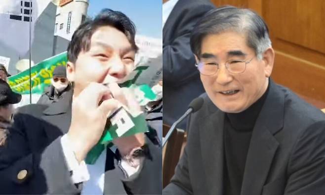 2월26일 이화여대에 간 배인규씨와 1월23일 서울 종로구 헌법재판소에서 열린 윤석열 대통령 탄핵심판 4차변론에 증인으로 출석해 답변하던 중 웃음 짓고 있는 김용현 전 국방부 장관. 신남성연대 유튜브 영상 갈무리, 헌법재판소 제공