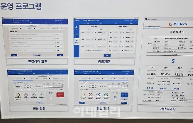 지난 5~7일 서울 강남구 코엑스에서 열린 국내 최대 배터리 전시회 ‘인터배터리 2025’의 민테크 부스에 배터리 신속 진단 시스템의 운영 프로그램 및 진단 결과 안내서 등이 전시돼 있다.(사진=김세연기자)