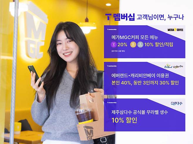 SK Telecom offers new discount benefits through partnerships with Everland and Caribbean Bay, Mega MGC Coffee and water bottle brand Jeju Samdasoo. [SK TELECOM]
