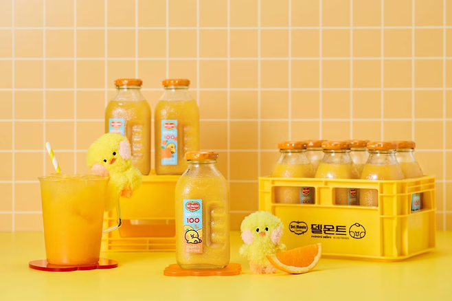 롯데칠성음료가 IPX(구 라인프렌즈)와 협업해 지난해 11월 출시한 ‘델몬트 오렌지주스 미니병’. [사진제공=롯데칠성음료]