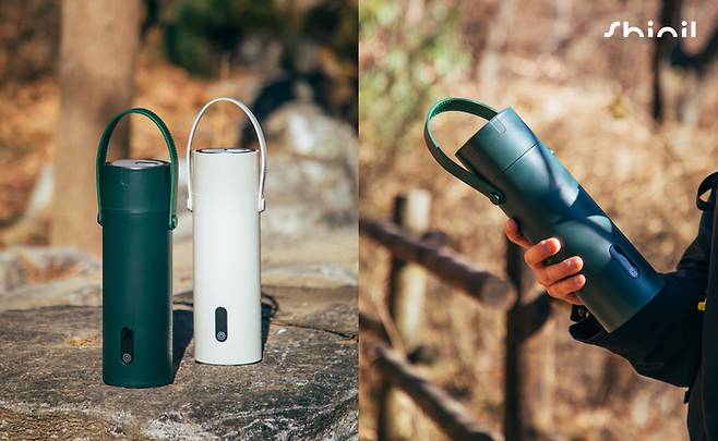 신일전자의 무선 100도 텀블러. 무선 전기포트와 텀블러를 합친 제품으로, 야외 활동 시 휴대하면 쉽게 물을 끓일 수 있다. <사진 제공=신일전자>