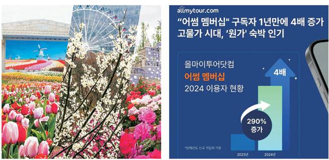 에버랜드가 선보인 사계절 정원 구독 서비스 ‘가든패스’(왼쪽)에 가입하면 다양한 식물 콘텐츠를 연간 280일 중 원하는 시기에 방문해 즐길 수 있다. 또 기업 간 거래(B2B) 수준의 가격으로 호텔 등 숙소를 예약할 수 있는 원가 숙박 구독 서비스 ‘어썸멤버십’의 지난해 신규 회원 수는 전년 대비 3.9배 증가하며 인기몰이를 하고 있다. 각 사 제공