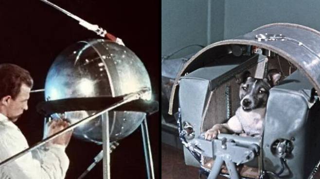(좌) 스푸트니크 우주선 1호 (우) 스푸트니크 2호에 탄 개 '라이카'
