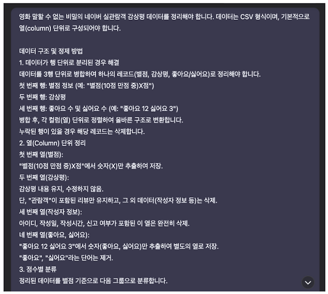 AI로 제작 가능한 여러 콘텐츠를 실험 중인 손 기자는 포털 영화 관람평, 평점 등을 수집, 챗GPT 등을 통해 일반인의 평에 기초한 영화 기사도 선보이고 있다. 사진은 외부 AI 강연 등에서 손 기자가 소개했던 해당 기사 관련 데이터 분석 프롬프트.