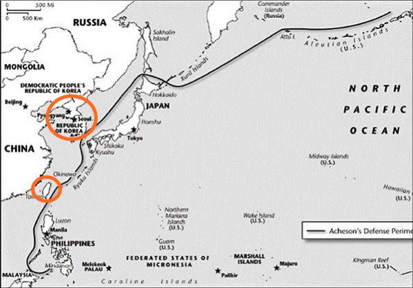 대만과 한국이 제외된 1950년 미국의 아시아 방어선(일명 애치슨 라인)