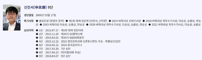 신진서 9단의 승단 이력 등 정보. 한국기원 제공