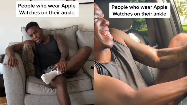 애플워치로 문자를 보기 위해 발목을 확인하는 장면(왼쪽)과 드라이브스루 중 애플페이 결제를 위해 발을 창문 밖으로 뻗고 있는 장면(오른쪽) / 틱톡(shoandtech) 캡처