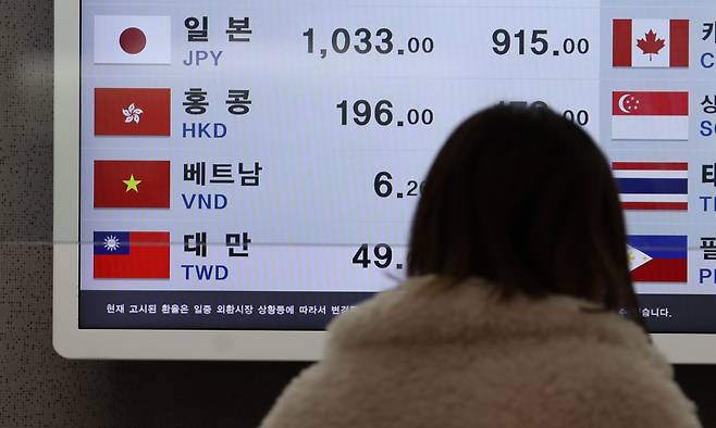 지난 11일 외환시장에서 미국 달러화 대비 원화 환율은 오전 9시 10분 1459.9원에 거래됐다. 같은 시각 원/엔 재정환율은 100엔당 994.21원이다. 원/엔 환율이 990원을 넘은 것은 2023년 4월 27일(1000.26원) 이후 처음이다. 사진은 이날 서울 김포공항 은행 환전소 모습. /연합뉴스