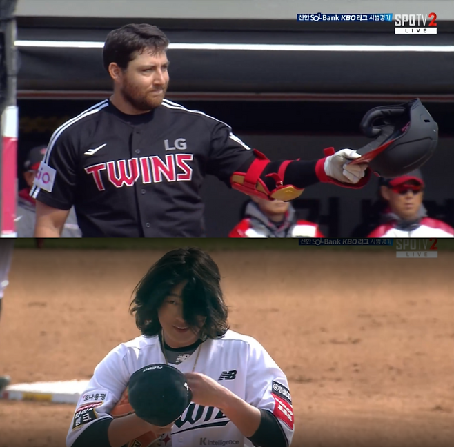 지난 9일 수원 KT-LG 시범경기에서 만나 서로에게 인사하는 오스틴과 최동환. 사진=SPOTN/TVING 중계화면 캡쳐