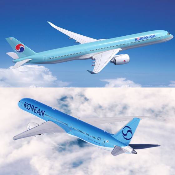 From top, Korean Air aircraft with the previous logo and livery, and the new logo and livery. [KOREAN AIR]