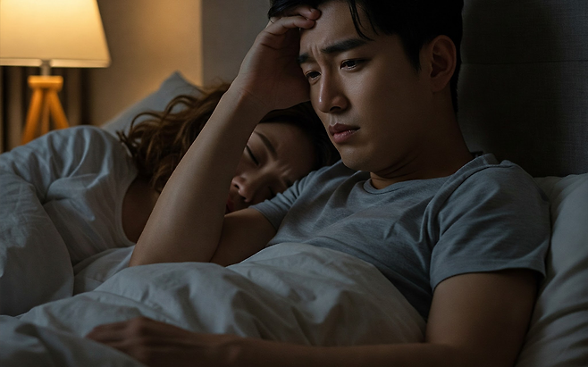 부부가 새벽에 깨어나 고통스러워하고 있다