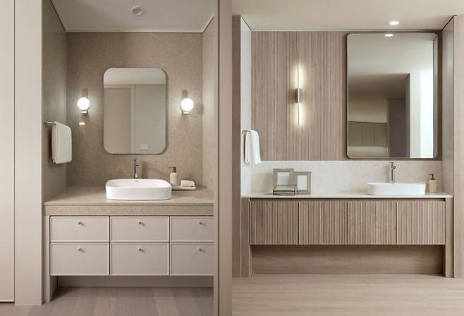 오프라인 쇼룸에선 DL이앤씨가 자체 개발한 3D 가상 시뮬레이션 ‘디버추얼’(D-Virtual)을 통해 전문적인 컨설팅도 받을 수 있다.소프트 클래식과 모던 내추럴 스타일 파우더룸 비교.ⓒDL이앤씨