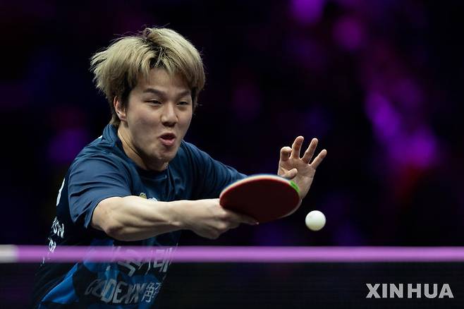 [충칭=신화/뉴시스] 월드테이블테니스(WTT) 챔피언스 충칭 2025 16강에서 탈락한 안재현. 2025. 3. 13.